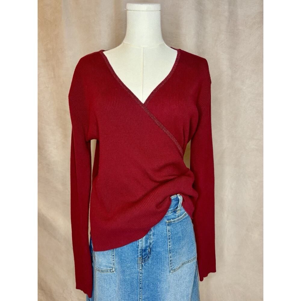 Daisy Fuentes Y2K Red Wrap Sweater XL Ribbed V Neck Cotton Blend